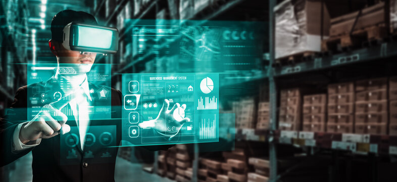 Future virtual reality technology for innovative VR warehouse management . Concept of smart technology for industrial revolution and automated logistic control . - Powered by Adobe