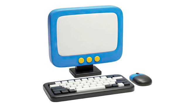 Cartoon Computer Monitor Keyboard and Mouse Set With White Screen On Transparent Background Perfect For Digital Graphics And Technology Concepts