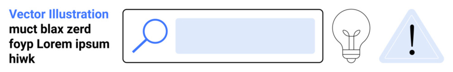 Fototapeta premium Internet search, innovation, problem-solving, online navigation, digital tools, alert systems. A search bar with magnifying glass, light bulb and a warning icon. Internet search and innovation