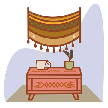 illustration of a cup and a plant on a a rustic table Boho style