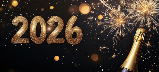 Glittering 2026 numbers with champagne bottle and sparklers against a black background offering copy space for celebration