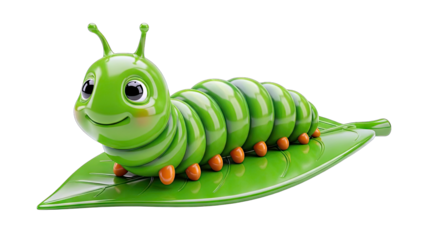Charming Green Cartoon Caterpillar with Big Eyes Sitting on a Shiny Leaf with a Happy Smiling Face Detailed 3D Render Isolated on a Transparent White Background