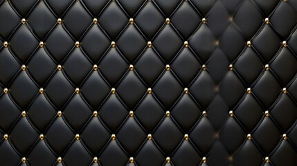 Fototapeta premium Elegant black leather upholstery with golden buttons for backgrounds