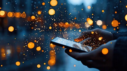 Hands Using Smartphone with Bokeh Lights