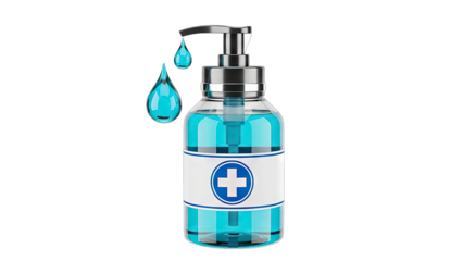 Clear Plastic Bottle Dispensing Blue Liquid Hand Sanitizer With White Label Featuring Blue Cross Symbol Isolated On Transparent Background