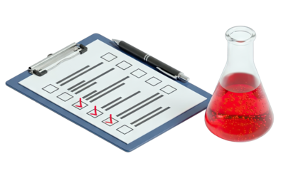 Clipboard checklist with pen and red liquid in Erlenmeyer flask isolated on transparent background scientific experiment documentation and research planning