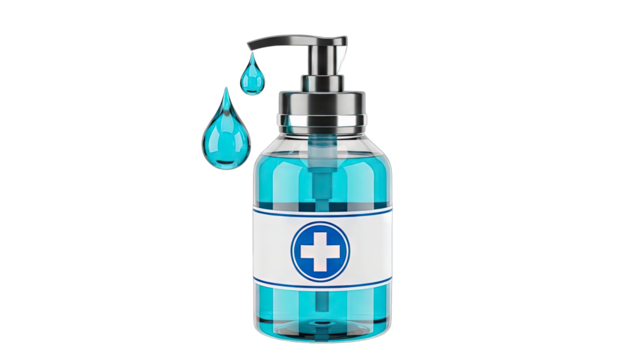 Clear Plastic Bottle Dispensing Blue Liquid Hand Sanitizer With White Label Featuring Blue Cross Symbol Isolated On Transparent Background