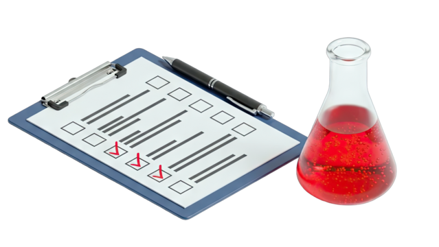 Clipboard checklist with pen and red liquid in Erlenmeyer flask isolated on transparent background scientific experiment documentation and research planning