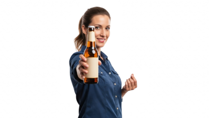 Woman holding a bottle of beer offering it to the camera with a smile