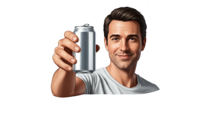 Man holding up a silver beverage can with a smile