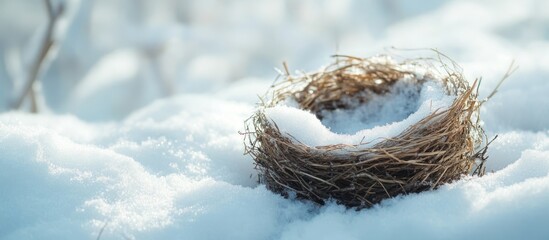 Delicate bird's nest covered in fresh snow on a bright winter day