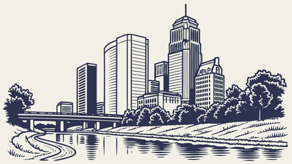 Houston skyline with river and bridge, vibrant urban scene illustration. Suitable for travel guides, city promotions, brochures, and website banners.