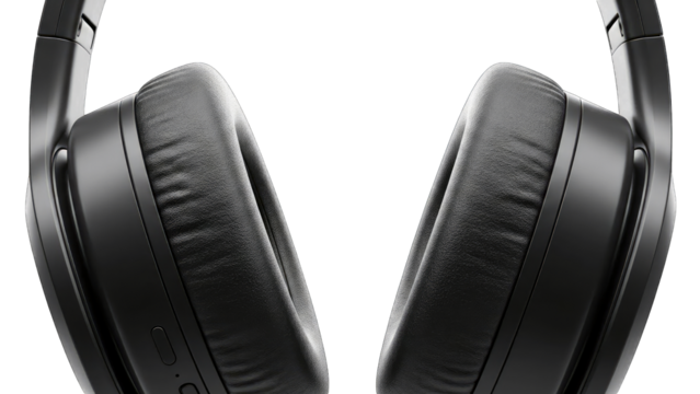 Close Up Macro Studio Shot of Black Over Ear Headphones with Textured Earcups on a Clean White Background