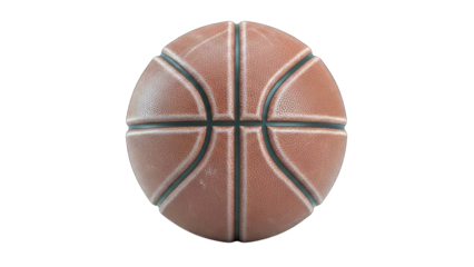 Close up of a textured orange basketball with black lines centered on a plain white background with studio lighting