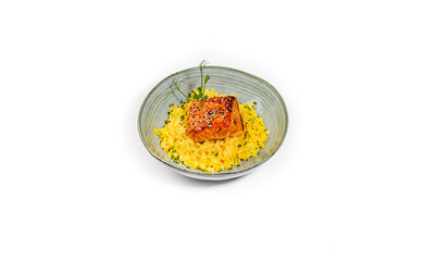 Gourmet Salmon Fillet with Turmeric Rice, Sesame Seeds, and Microgreens in a Ceramic Bowl