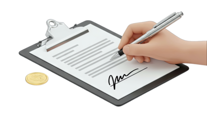 Close up of a hand signing a document on a clipboard with a pen and a golden coin nearby on a transparent background illustrating the concept of agreement and finance