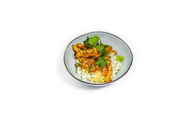 Savory Honey Garlic Chicken Strips with White Rice, Sesame Seeds, and Fresh Cilantro in a Ceramic Bowl