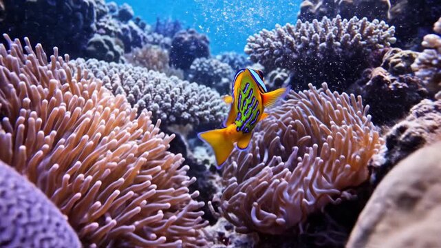 Underwater scene with colorful fish swimming among coral reefs and anemones.