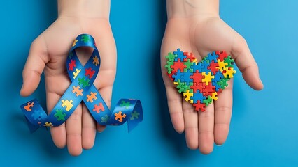 Hands holding autism awareness ribbon and puzzle piece heart symbol
