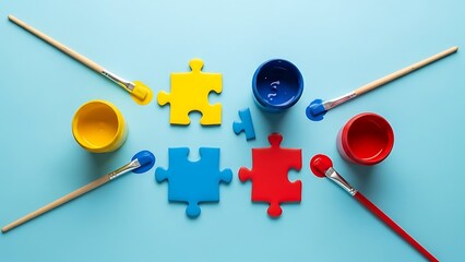 Primary color paint pots and puzzle pieces arranged on a light blue surface