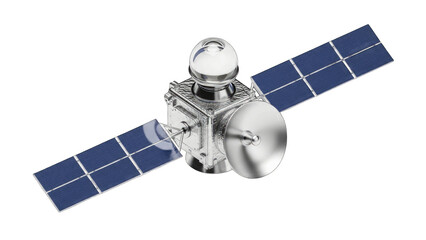 Detailed silver satellite with solar panels in space against a black background featuring a parabolic antenna and a spherical sensor.