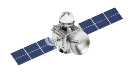 Detailed silver satellite with solar panels in space against a black background featuring a parabolic antenna and a spherical sensor.