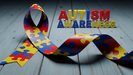 Autism awareness ribbon with puzzle piece pattern on wooden surface background