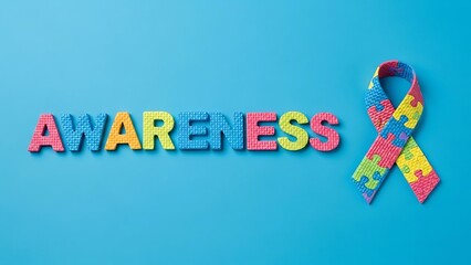 Autism awareness spelled out with colorful letters next to a puzzle ribbon