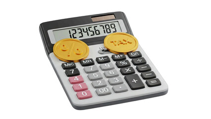 Digital Calculator With Gold Coins Displaying Tax Symbol And Percentage On Black Background