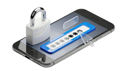 Digital Security Concept Smartphone with Padlock and Password Entry Screen Isolated on White with Clipping Path and Mouse Cursor Icon Highlighting Access Control and Data Protection