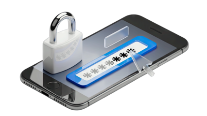 Digital Security Concept Smartphone with Padlock and Password Entry Screen Isolated on White with Clipping Path and Mouse Cursor Icon Highlighting Access Control and Data Protection