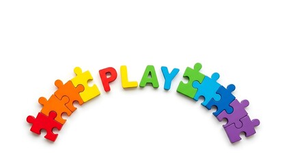 Colorful puzzle pieces forming the word play in an arc isolated on white background