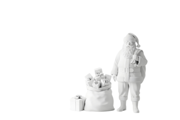 Santa claus carrying many gifts isolated on transparent background, christmas concept