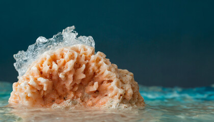 Abstract close-up of a pink mineral crystal with a delicate, coral-like texture emerging from a vibrant blue background