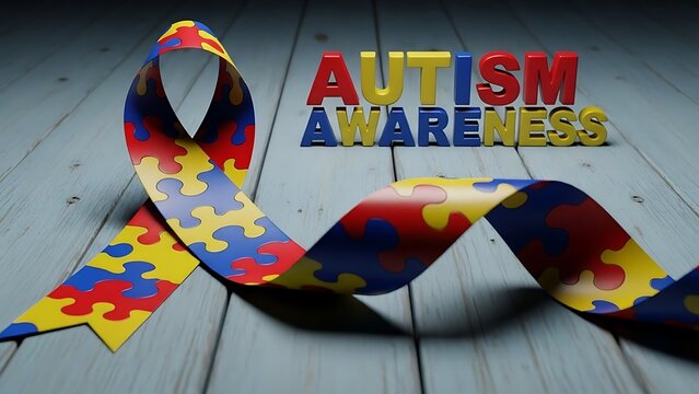 Autism awareness ribbon with puzzle piece pattern on wooden surface background - Powered by Adobe