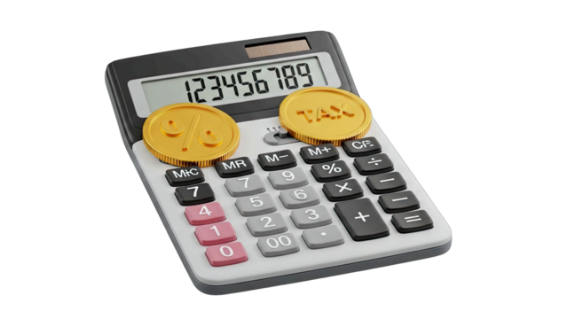 Digital Calculator With Gold Coins Displaying Tax Symbol And Percentage On Black Background