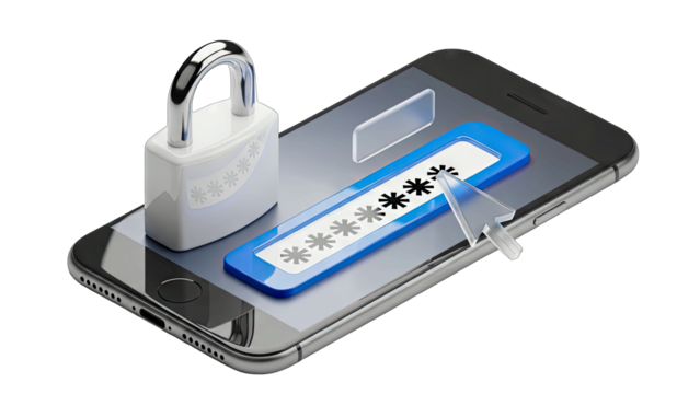 Digital Security Concept Smartphone with Padlock and Password Entry Screen Isolated on White with Clipping Path and Mouse Cursor Icon Highlighting Access Control and Data Protection