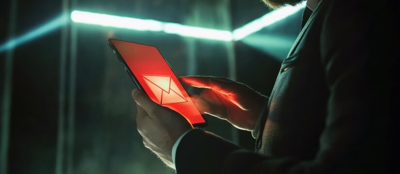 Male executive facing cybersecurity threat with spam email on his phone