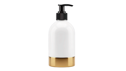 Elegant White Lotion Bottle with Gold Base and Black Pump Dispenser on Transparent Background
