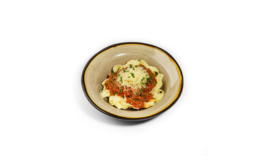 Classic Tagliatelle with Rich Bolognese Sauce, Parmesan Cheese, and Chives in a Rustic Ceramic Bowl