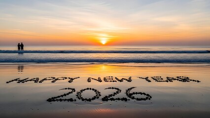 Celebrate new beginnings with loved ones watching a stunning sunrise over the ocean wishing you a happy new year 2026 on sandy beach