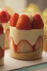 Delicious strawberry dessert at a bakery display
