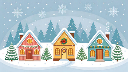 Winter scene with colorful houses in snowy landscape and christmas trees illustration