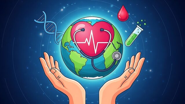 Hands holding the earth with a heart, stethoscope, dna, and test tube symbolizing global health