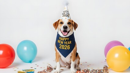 Adorable dog celebrates New Year 2026 with festive hat, bandana, balloons, and confetti for cheerful holiday season greetings and pet-themed marketing