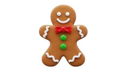 Festive Gingerbread Man Character in a Joyful Pose with Red Bow Tie and Green Buttons on Transparent Background