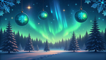 Serene winter scene featuring christmas ornaments aurora borealis and snow covered trees in peaceful nature