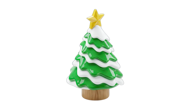 Festive Christmas Tree Decoration with a Golden Star Topper Covered in White Snow Isolated on a Transparent Background