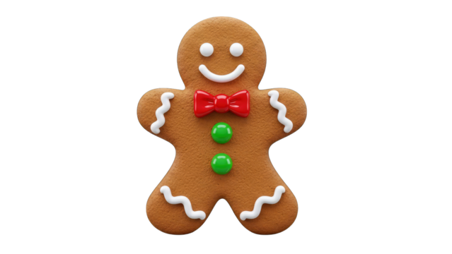 Festive Gingerbread Man Character in a Joyful Pose with Red Bow Tie and Green Buttons on Transparent Background