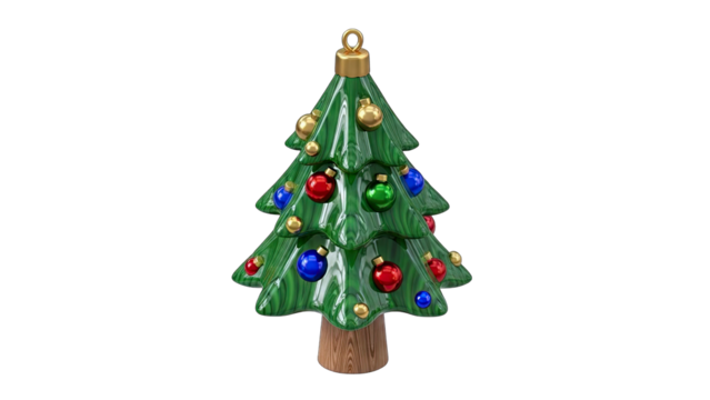 Festive Green Christmas Tree Adorned With Red Blue and Gold Ornaments and Gold Star Topper Isolated on Transparent Background with Realistic Lighting - Powered by Adobe